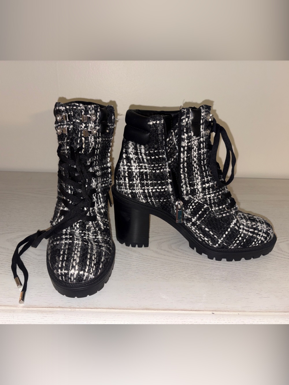 JLo B&W Tweed Lace-Up Chunky Heel Ankle Boots w/zip & jewel accents